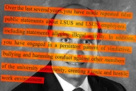 A photo illustration combining a headshot of Brian Salvatore with a quote from LSU Shreveport’s letter listing the charges against him.
