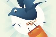 A blue cartoon bird flies by holding a shopping bag as feathers fall off