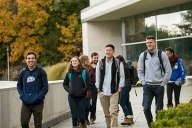 Brandeis students walking on campus