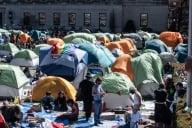 A collection of tents with students on the campus of Columbia shows that the protests continue