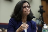 A close-up photo of Columbia University President Minouche Shafik during her testimony before the House Committee on Education and the Workforce during a hearing focused on antisemitism on campus.