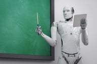 Cyborg man standing in front of a black (green) board and holding a pointer as if teaching a class