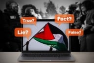 A laptop screen shows a Palestinian flag being waved at a protest. The words "true?"; "lie?"; "fact?" and "false" appear around the image