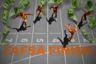 Runners sprint toward a finish line that says “FAFSA finish” as dollar bills rain behind them