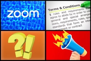 Zoom logo, contract, exclamation mark and question mark and megaphone