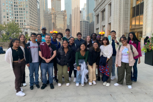 U Chicago's Phoenix STEM students smile in downtown Chicago.