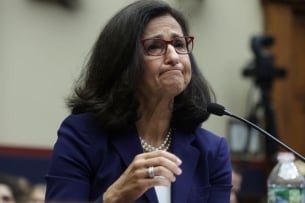 A close-up photo of Columbia University President Minouche Shafik during her testimony before the House Committee on Education and the Workforce during a hearing focused on antisemitism on campus.
