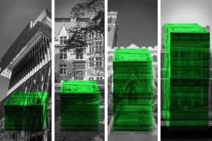 A photo illustration of stacks of money against the backdrop of college campuses.