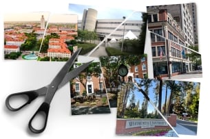 A photo illustration of campus photos being cut with scissors.