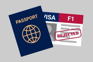 A drawing depicting a passport and an F-1 student visa; the latter document is stamped, in red, with the word “Rejected.”