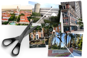 A photo illustration of campus photos being cut with scissors.