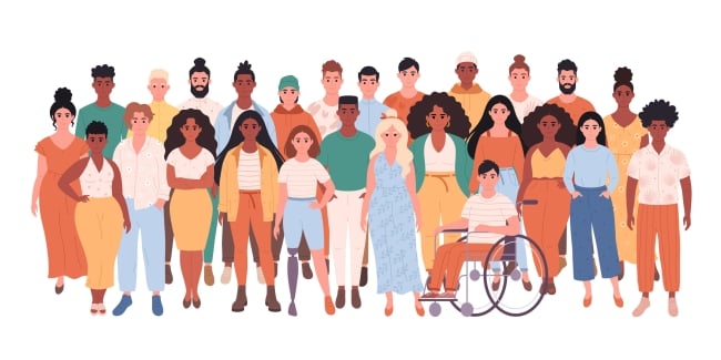 Illustration of a group of very diverse people standing together. At least one person uses a wheelchair.
