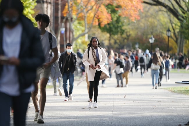 Students walk on campus at Brown University