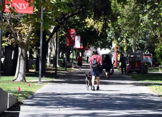 A student walks on the University of Nevada, Las Vegas campus on a sunny day with a dog