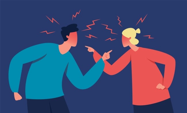 illustration of man and a woman pointing at each other with loud voice marks around their heads, as if in a heated argument