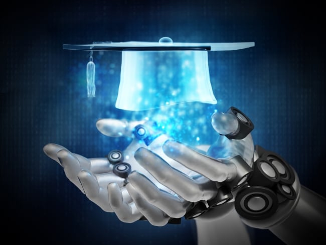 Robotic hands hold a digitized floating blue graduation mortar. 