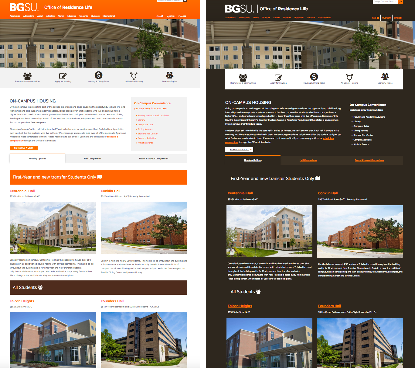 Bowling Green State University webpages, in normal and high-contrast versions.