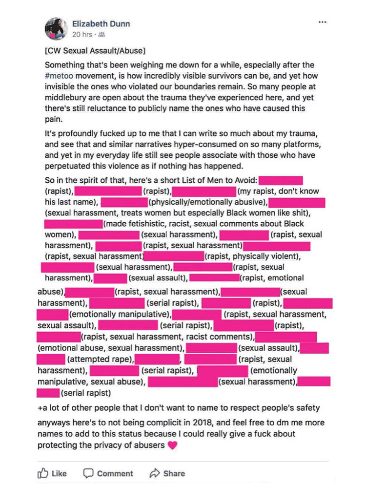 Screen shot of a Facebook post by Elizabeth Dunn: “[Content warning sexual assault/abuse] Something that’s been weighing me down for a while, especially after the #metoo movement, is how incredibly visible survivors can be, and yet how invisible the ones who violated our boundaries remain. So many people at Middlebury are open about the trauma they’ve experienced here, and yet there’s still reluctance to publicly name the ones who have caused this pain. It’s profoundly fucked up to me that I can write so much about my trauma, and see that and similar narratives hyper-consumed on so many platforms, and yet in my everyday life still see people associate with those who have perpetuated this violence as if nothing has happened. So in the spirit of that, here’s a short list of men to avoid: [name blacked out] (rapist), [name blacked out] (rapist), [name blacked out] (my rapist, don’t know his last name), [name blacked out] (physically/emotionally abusive), [name blacked out] (sexual harassment, treats women but especially black women like shit), [name blacked out] (made fetishistic, racist, sexual comments about black women), [name blacked out] (sexual harassment), [name blacked out] (rapist, sexual harassment), [name blacked out] (rapist, sexual harassment), [name blacked out] (rapist, sexual harassment), [name blacked out] (rapist, physically violent), [name blacked out] (sexual harassment), [name blacked out] (rapist, sexual harassment), [name blacked out] (sexual assault), [name blacked out] (rapist, emotional abuse), [name blacked out] (rapist, sexual harassment), [name blacked out] (sexual harassment), [name blacked out] (serial rapist), [name blacked out] (rapist), [name blacked out] (emotionally manipulative), [name blacked out] (rapist, sexual harassment, sexual assault), [name blacked out] (serial rapist), [name blacked out] (rapist), [name blacked out] (rapist, sexual harassment, sexist comments), [name blacked out] (emotional abuse, sexual harassment), [name blacked out] (sexual assault), [name blacked out] (attempted rape), [name blacked out] (rapist, sexual harassment), [name blacked out] (serial rapist), [name blacked out] (emotionally manipulative, sexual abuse), [name blacked out] (sexual harassment), [name blacked out] (serial rapist) and a lot of other people that I don’t want to name to respect people’s safety. Anyways here’s to not being complicit in 2018, and feel free to DM me more names to add to this status because I could really give a fuck about protecting the privacy of abusers. 