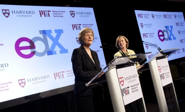 image: Harvard's Drew Gilpin Faust (left) and MIT's Susan Hockfield announcing edX system for free online courses. image source: Inside Higher Ed