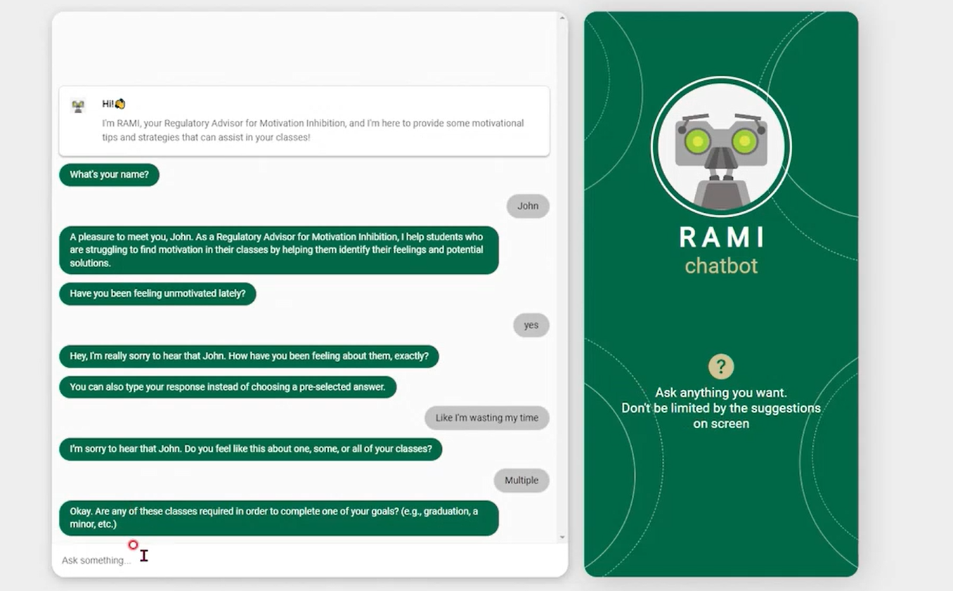 A sample conversation between a student and RAMI the chat bot.