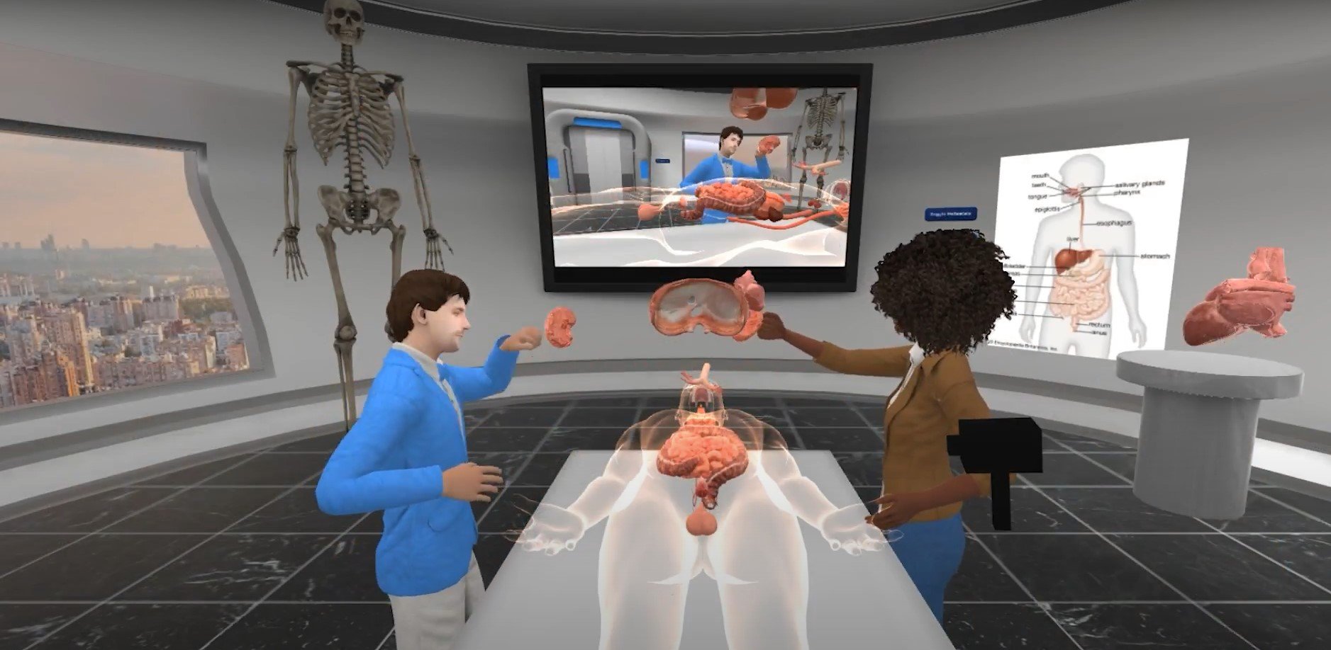 Two avatars are working over a digital cadaver in an anatomy class taught in the metaverse.