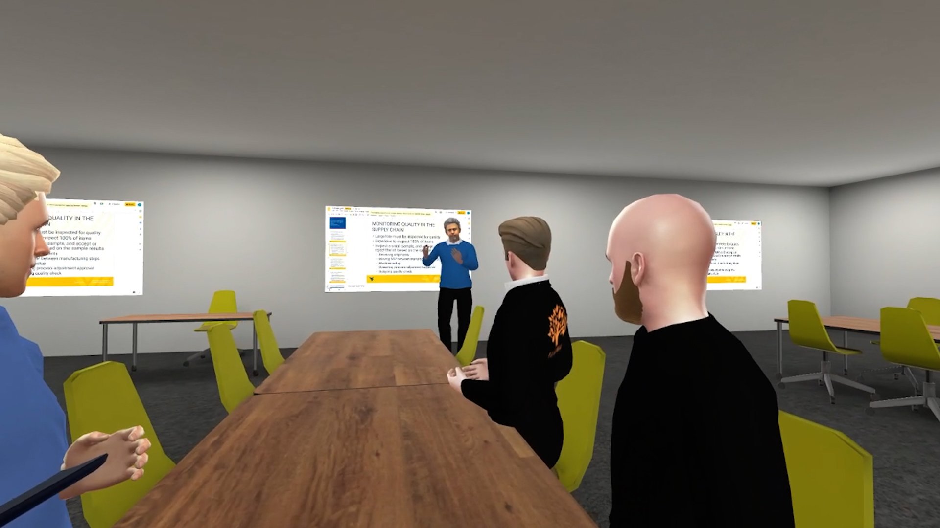 A group of digital avatars in a boardroom, viewing a digital screen 