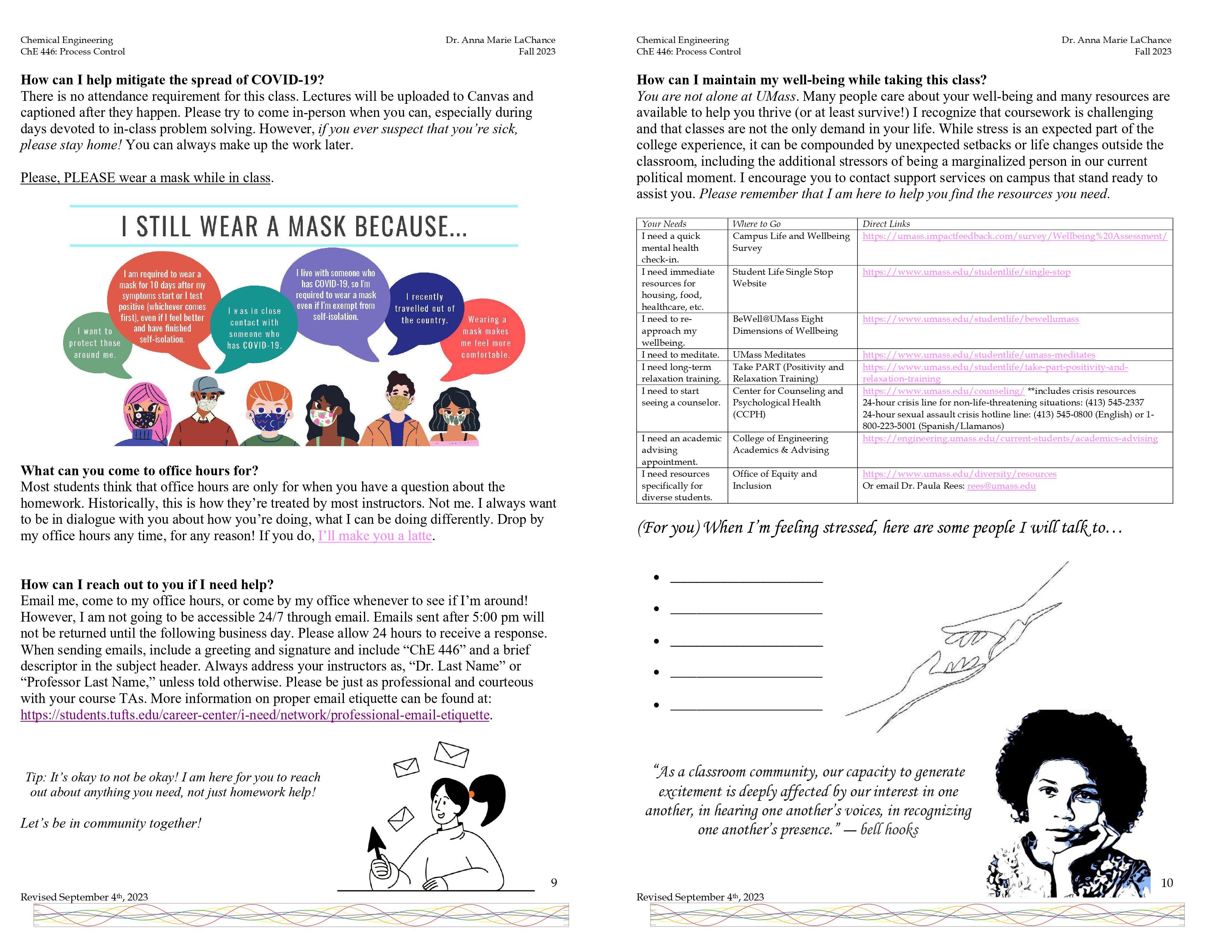 Two pages from a syllabus magazine featuring doodles of people wearing masks, a chart for mental health, an image of bell hooks and quote, among other policy information.