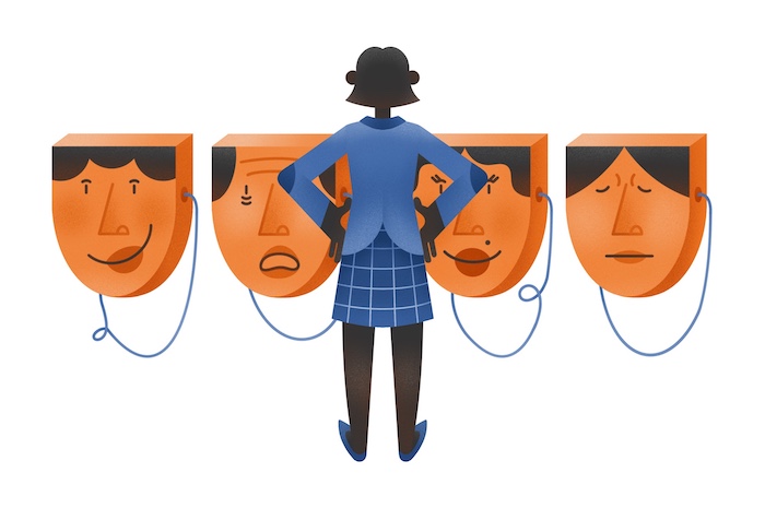 In illustration of a female leader choosing from masks of different emotions.