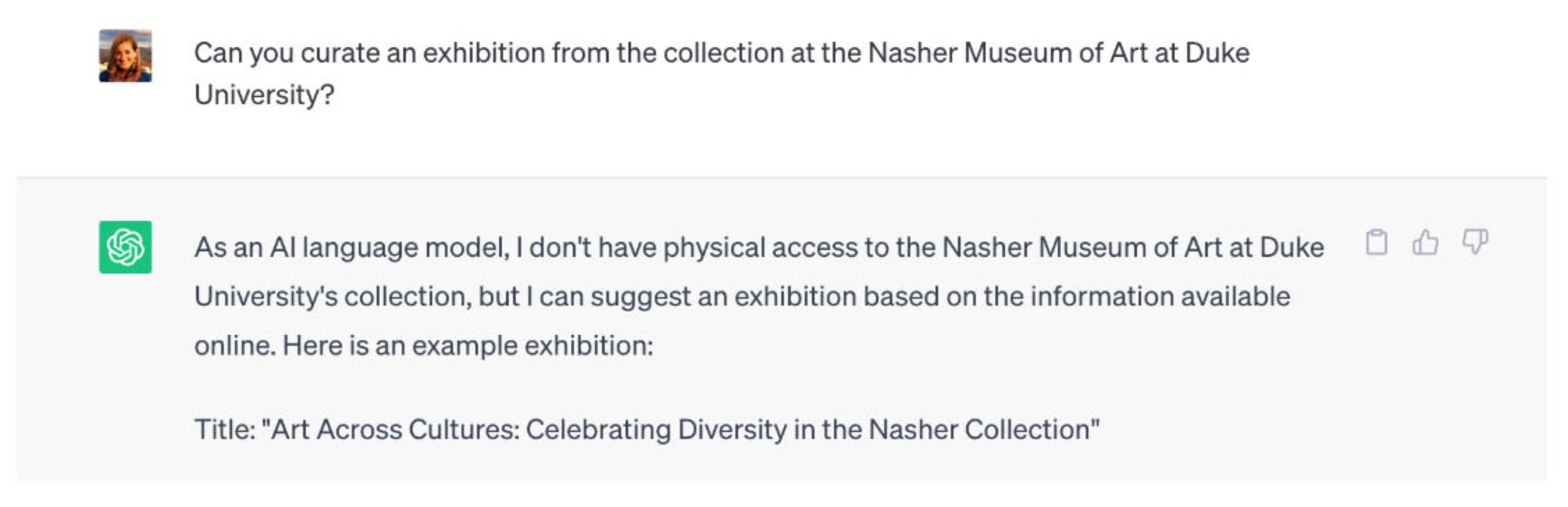 Nasher Museum of Art at Duke University ChatGPT conversation, starting with the prompt "Can you curate an exhibition from the collection at the Nasher Museum of Art at Duke University?"