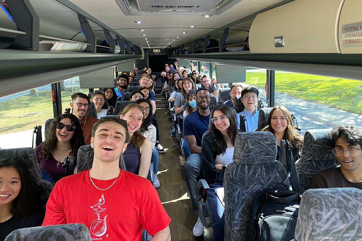 University of Central Florida students sit on a coach bus headed to the Florida Undergraduate Research Conference 