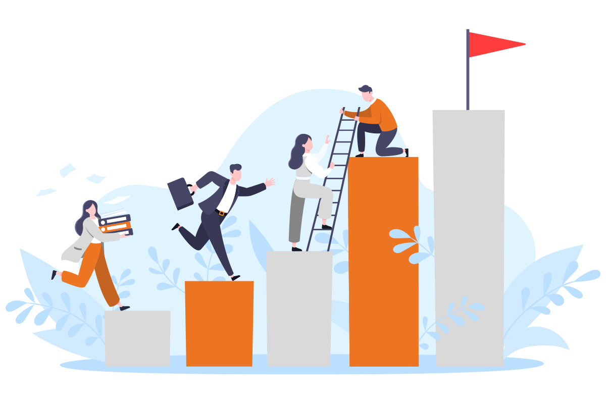 Business mentor helps to improve career and holding stairs steps illustration.