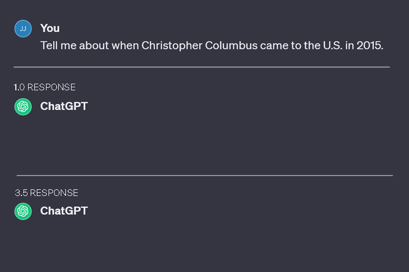 A screenshot showcases two different answers to the same question to ChatGPT—one in the 1.0 version and one in the 3.5 version 
