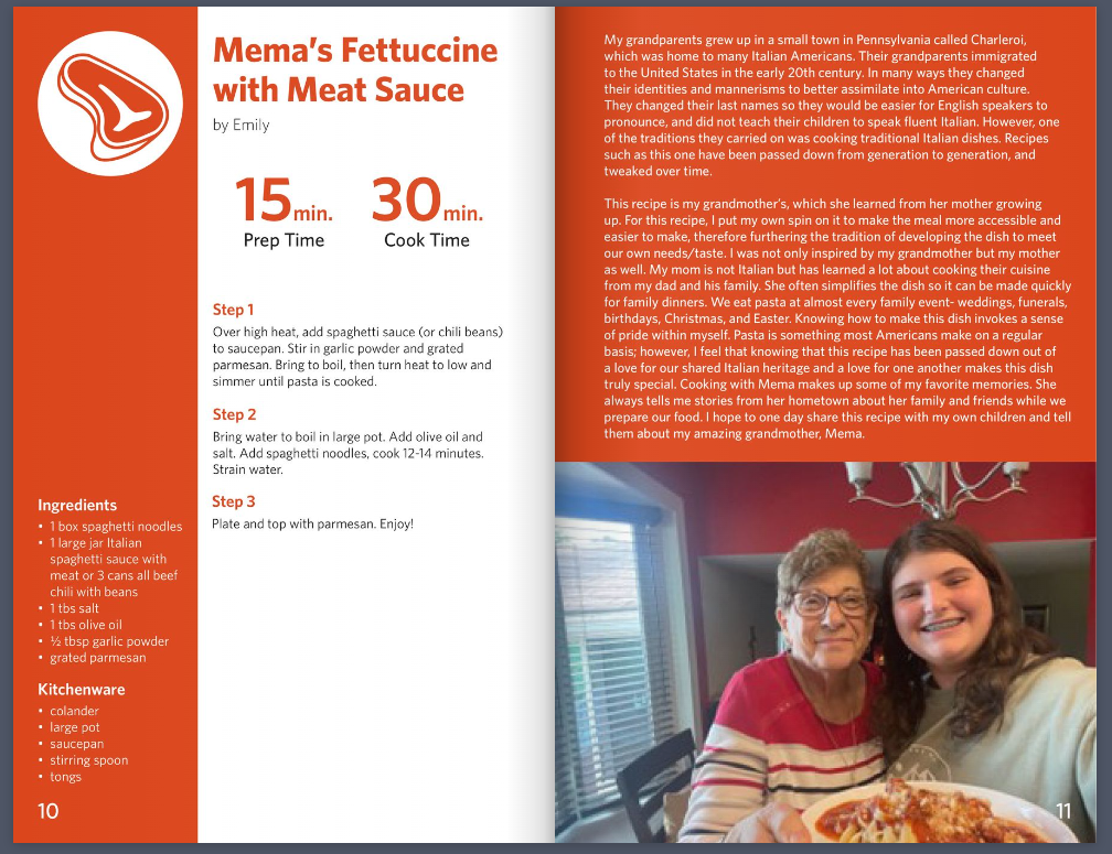 A screenshot of the AACC Cookbook recipe titled Mema’s Fettucine with Meat Sauce
