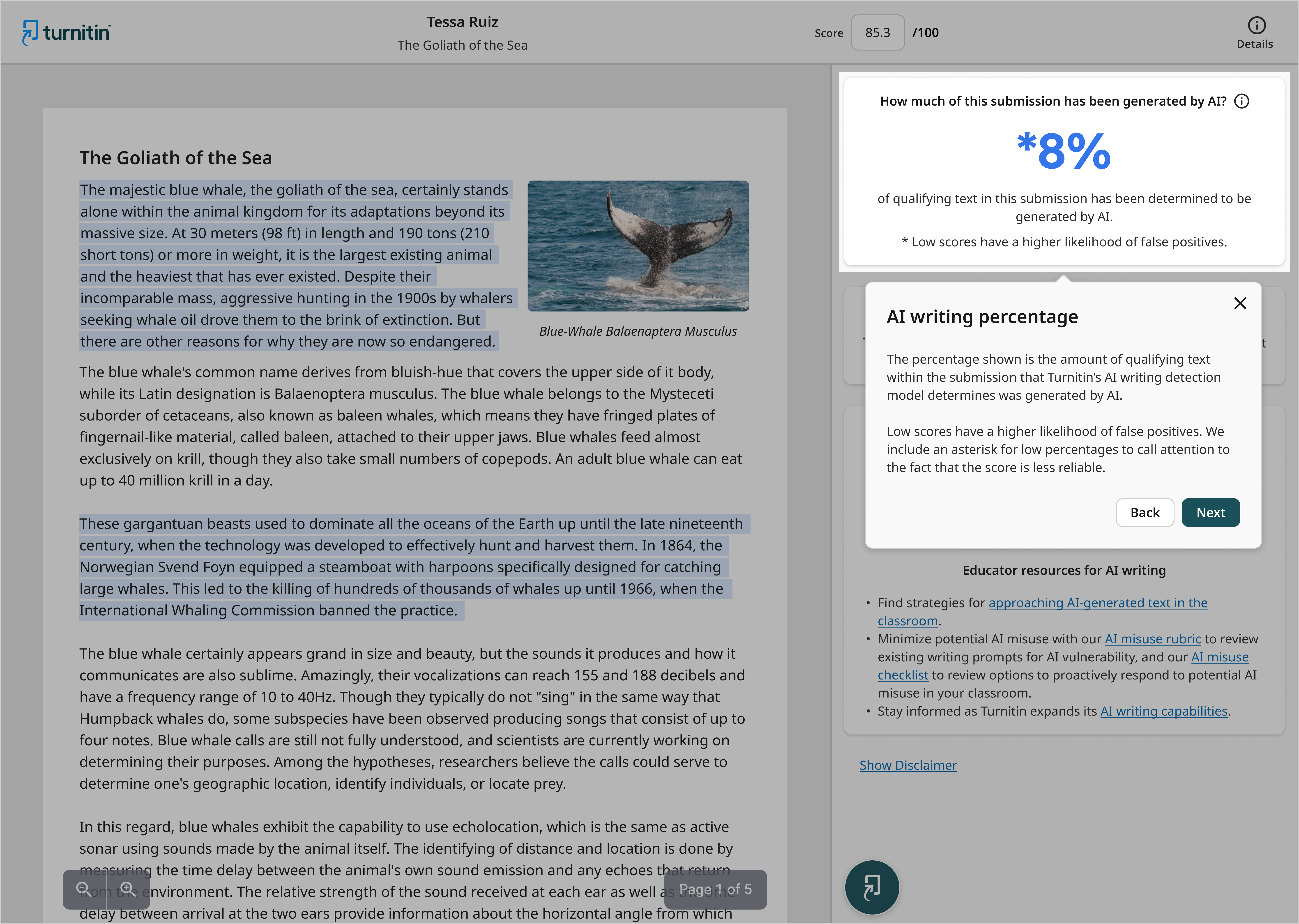 A student’s paper with a large box on the right stating 8 percent of its text was generated by AI. 