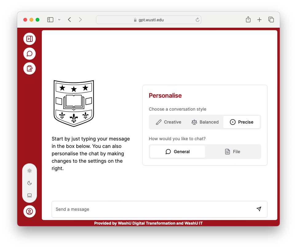 A WashU crest is on the left of the screen. There is a space on the right to type in a prompt. 