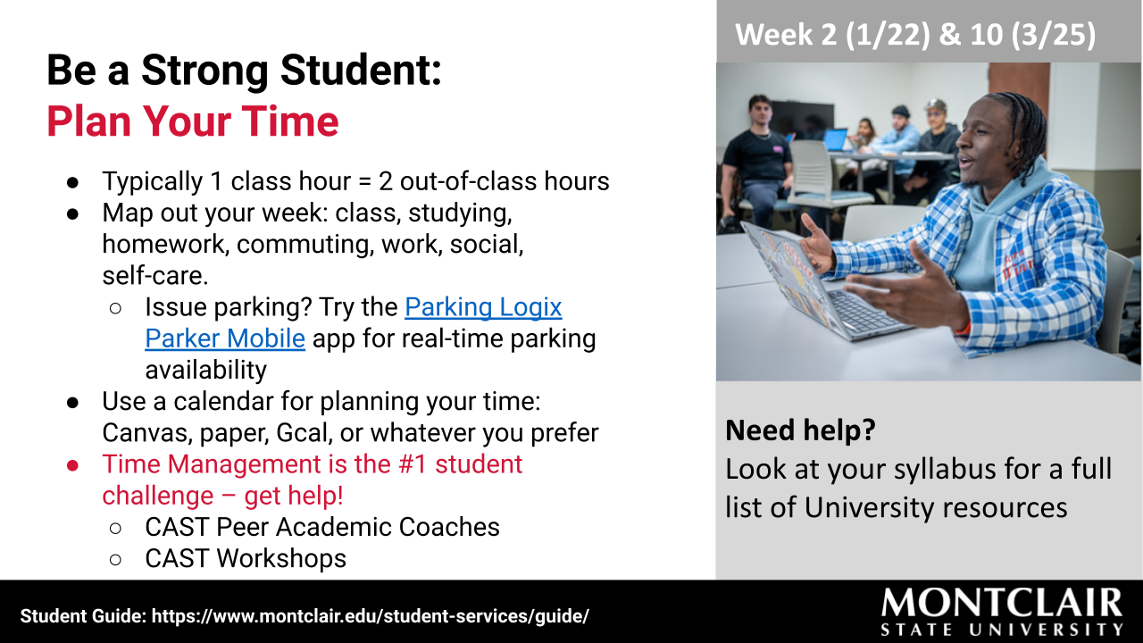 A slide from Montclair State's Be a Strong Student campaign
