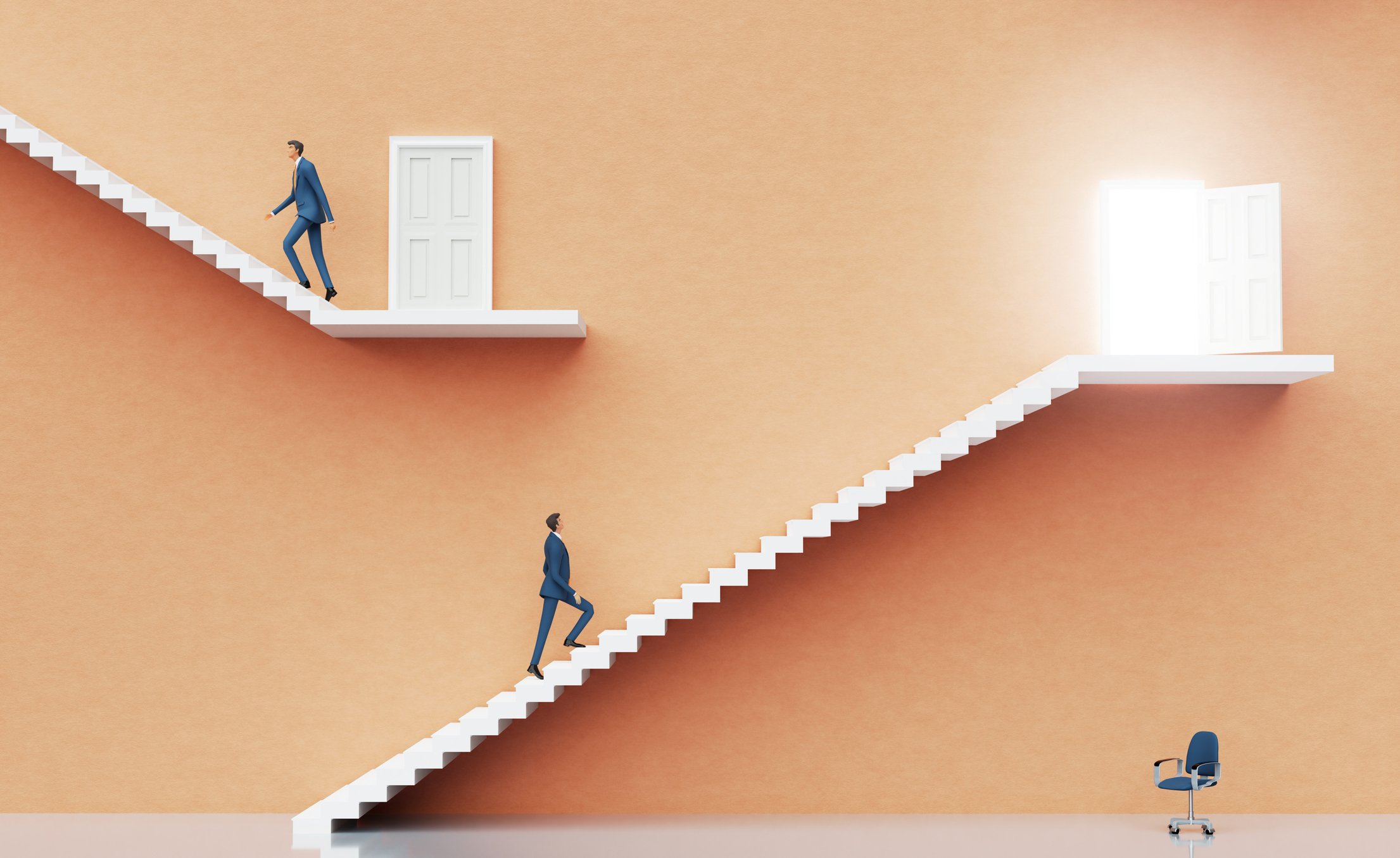 Businessman walking up stairs. Abstract environment with stairs and doors of opportunities, representing professional career, financial growth, ability, success. - stock photo