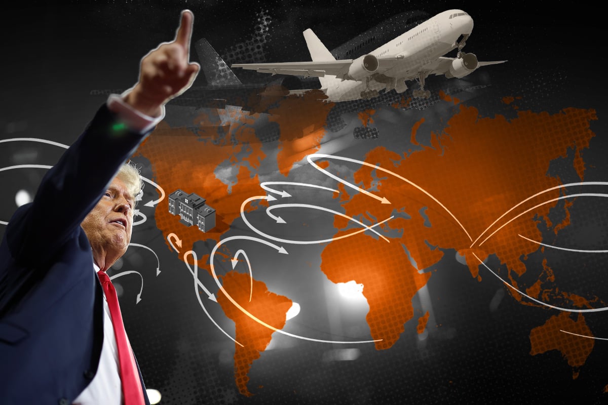 President Donald Trump pointing with planes and a map of the world in the background.