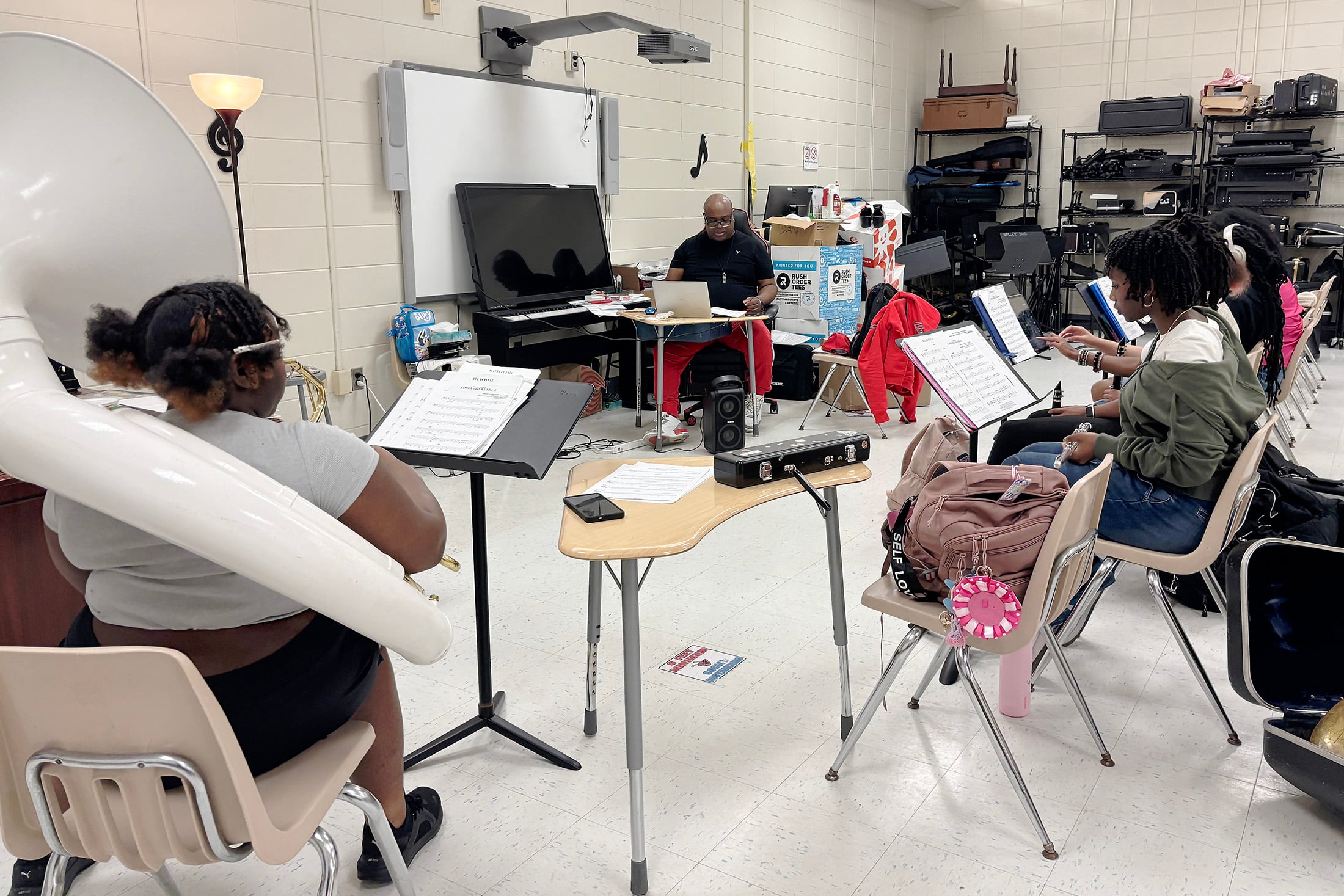 Students participate in music class at Early College School’s high school building on April 1, 2026. The ECS band performs alongside the Del State band for special events and parades.