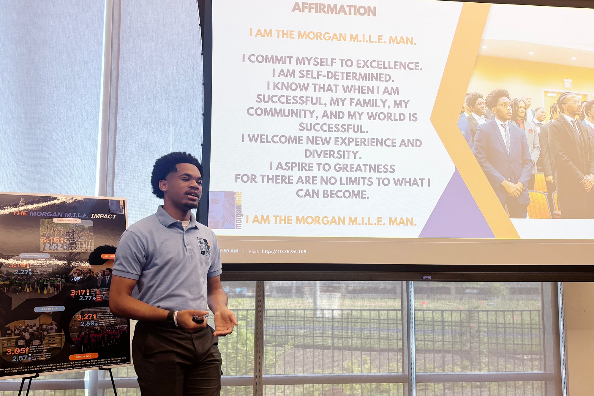 K’Miles Davis, a rising senior at Morgan State University, gives a presentation on the values of the Morgan MILE, a program designed to support Black men as they navigate college on May 5, 2026. Davis served as the president of the Morgan MILE for the 2025-26 academic year.