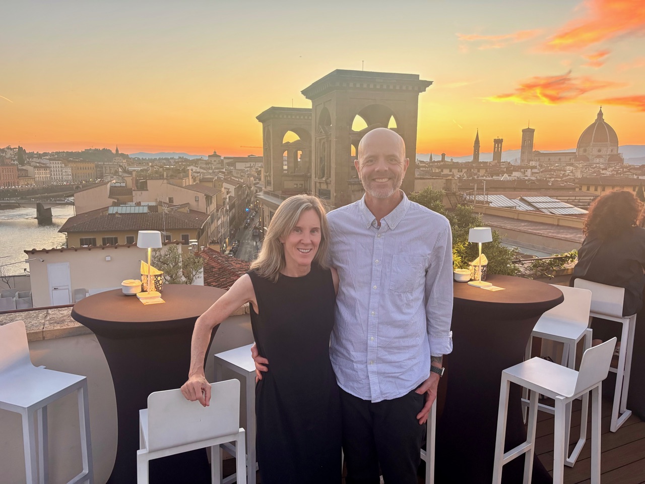 Photo of Rachel Toor and husband Toby against an Italian sunset that no one at IHE is remotely jealous of, not a bit