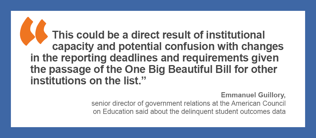 “This could be a direct result of institutional capacity and potential confusion with changes in the reporting deadlines and requirements given the passage of the One Big Beautiful Bill for other institutions on the list,” Emmanual Guillory, senior director of government relations at the American Council on Education, said about the delinquent student outcomes data.