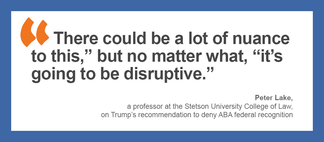 “There could be a lot of nuance to this,” but no matter what, “it’s going to be disruptive." — Peter Lake, a professor at the Stetson University College of Law, on Trump’s recommendation to deny ABA federal recognition