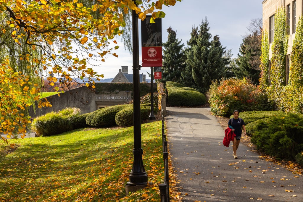 A Cornell University student walks through campus during daylight. A Cornell banner hangs from a lamp post.