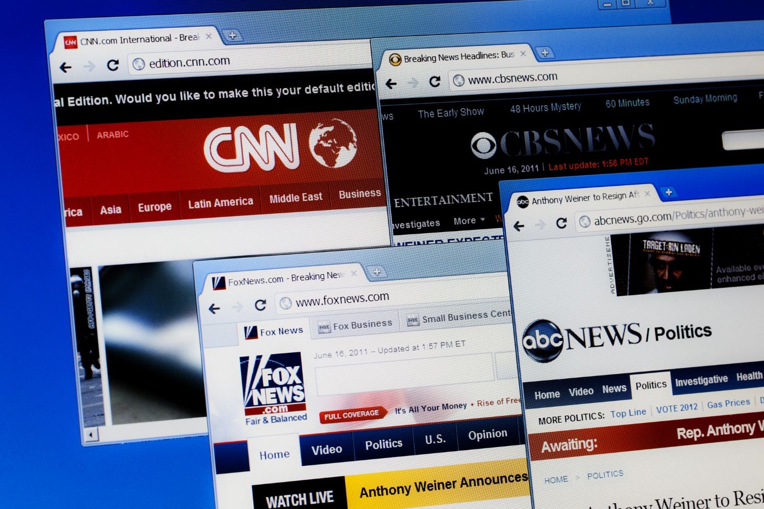 A compilation of web pages for four news broadcast channels: CNN, CBS News, ABC News and Fox News.