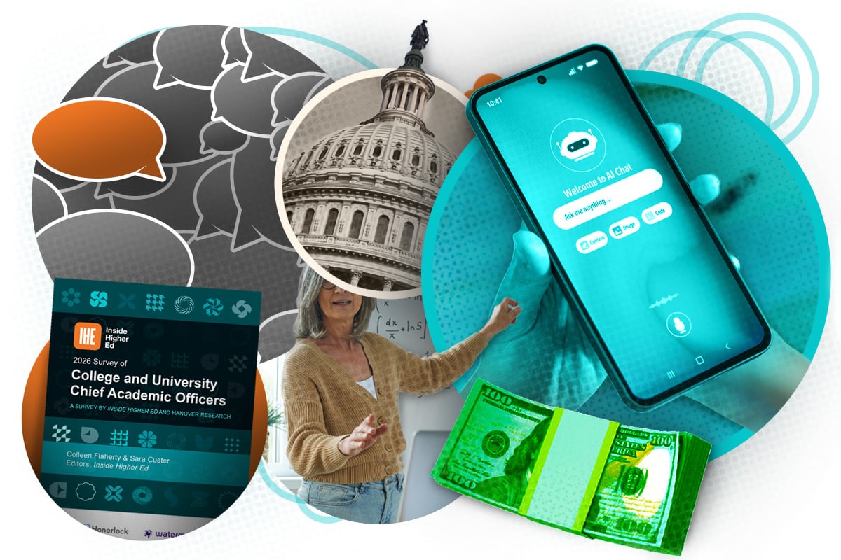 A photo illustration collage of speech bubbles, the U.S. Capitol building, a professor gesturing in front of a white board, a stack of 100 dollar bills, and a cell photo displaying an AI chat bot.  