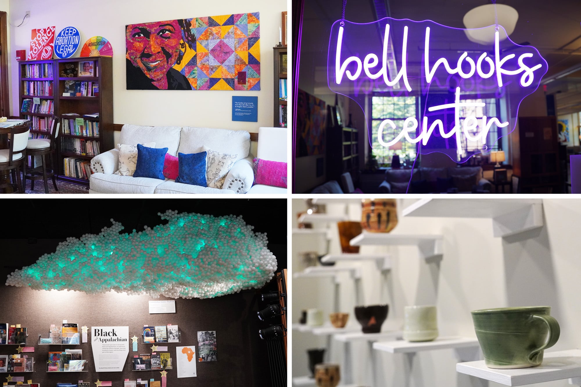 A collage of spaces at Berea College, including the bell hooks center.