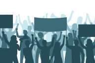 A blue silhouette drawing of a group of people holding up protest signs, engaging in activism, many with their arms raised.