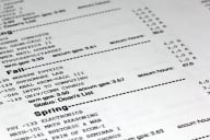 Stock photo of a cropped college transcript, with fall and spring courses and A and B grades. Black and white. 