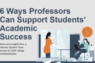Graphic art showing a female professor in front of a large open book, speaking to a student with a question mark above their head, pointing to a screen. Colors are blue, gray and orange.